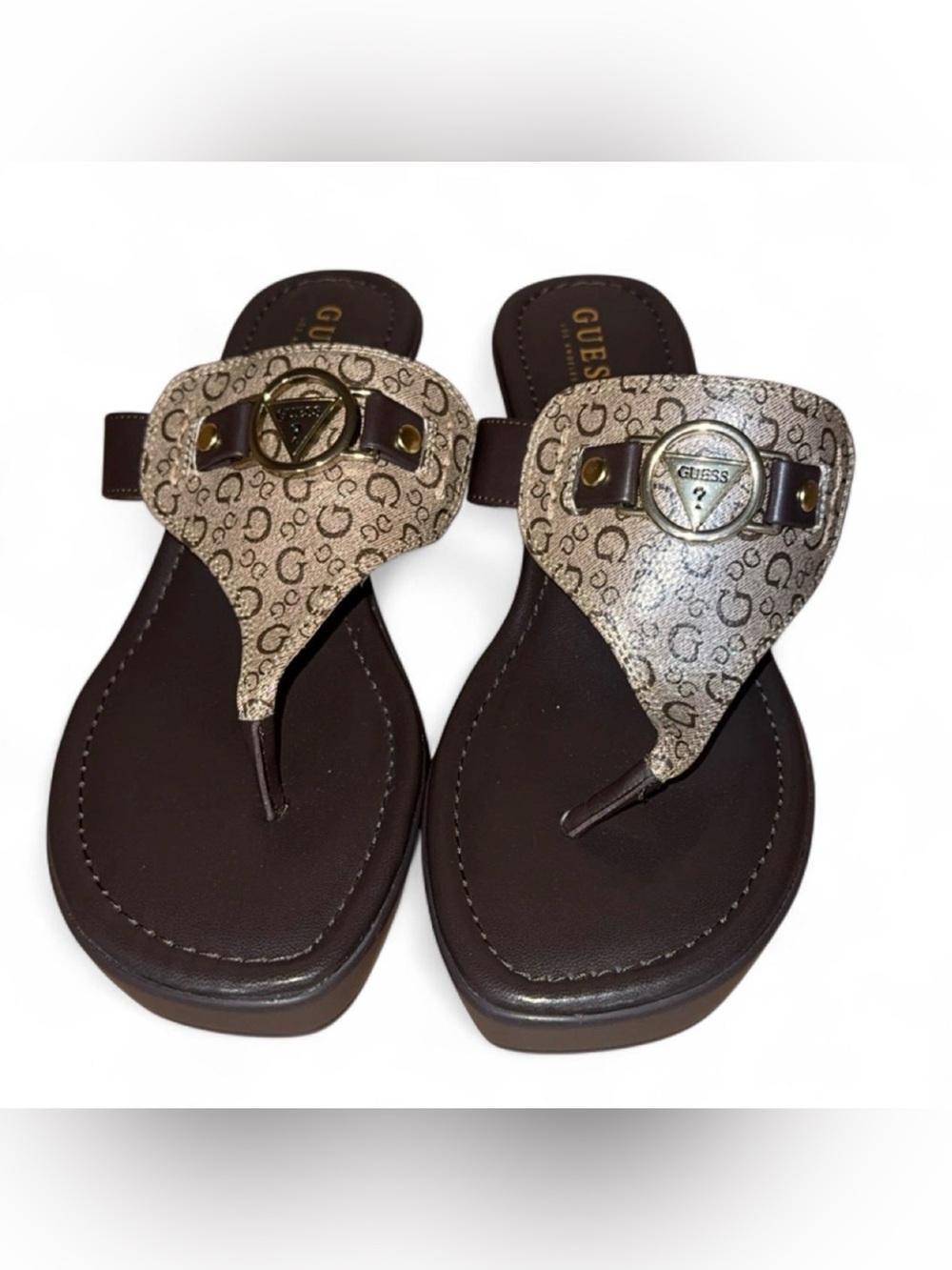 Guess Brown Footbed Thong Sandals with Metallic Monogram Upper